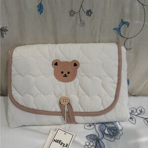 Neutral Cream Quilted Diaper Clutch with Brown Trim and Bear Accent